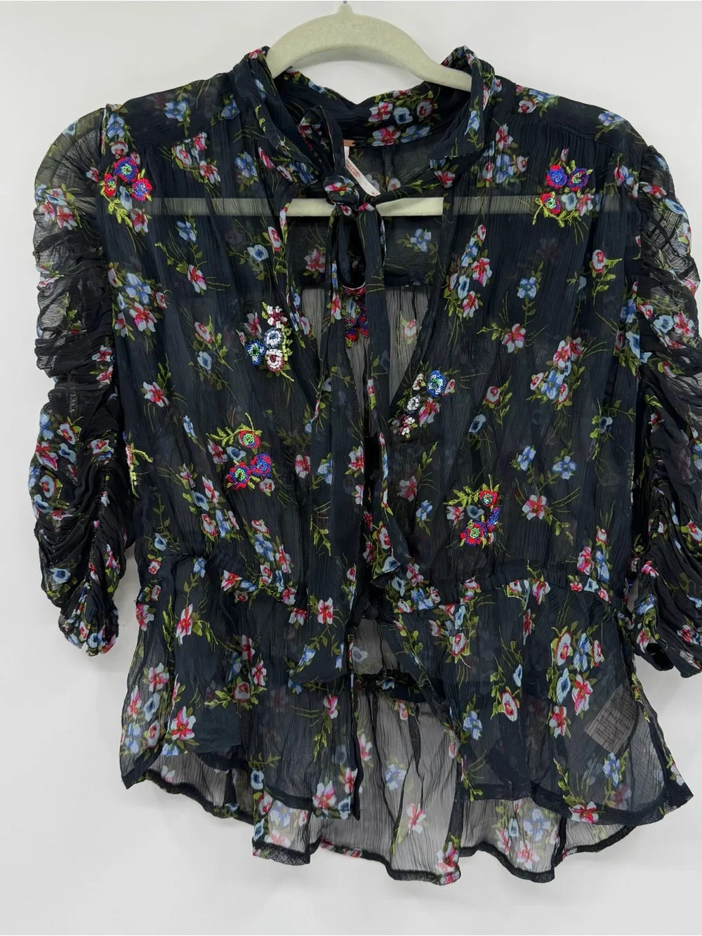 Free People Sheer Black Floral Tie-Neck Blouse beaded and embroidered size small